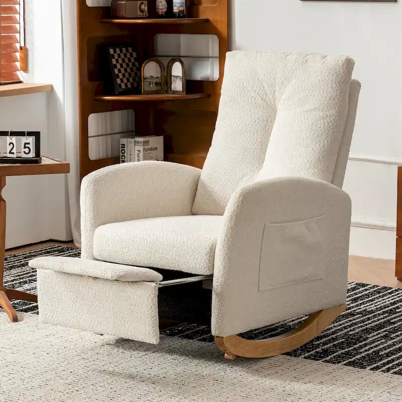 Beige Modern 35.8 Inch High Back Rocking Chair with Footrest and Wood Legs