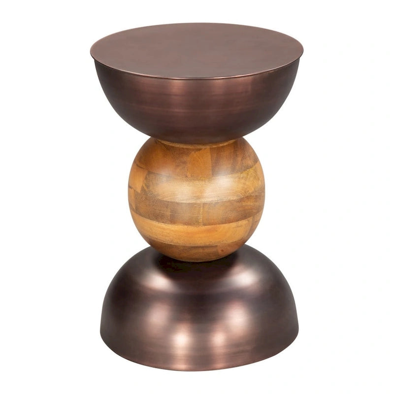 20 Inch Bronze and Brown Iron and Solid Wood Round Pedestal End Table - 14 x 20.3 x 14 Inches