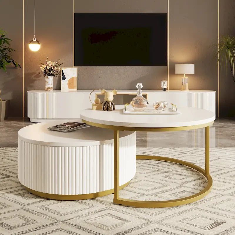 Modern Round Nesting Coffee Table with Drawer and Gold Base