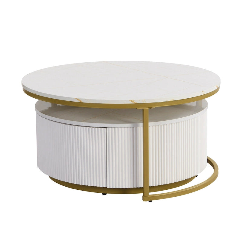 Modern Round Nesting Coffee Table with Drawer and Gold Base