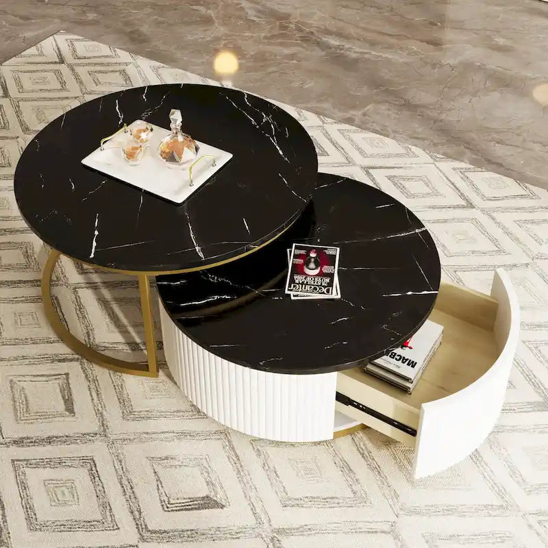 Modern Round Nesting Coffee Table with Drawer and Gold Base