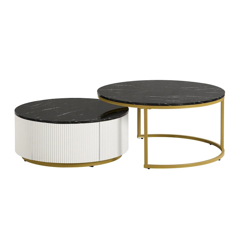 Modern Round Nesting Coffee Table with Drawer and Gold Base