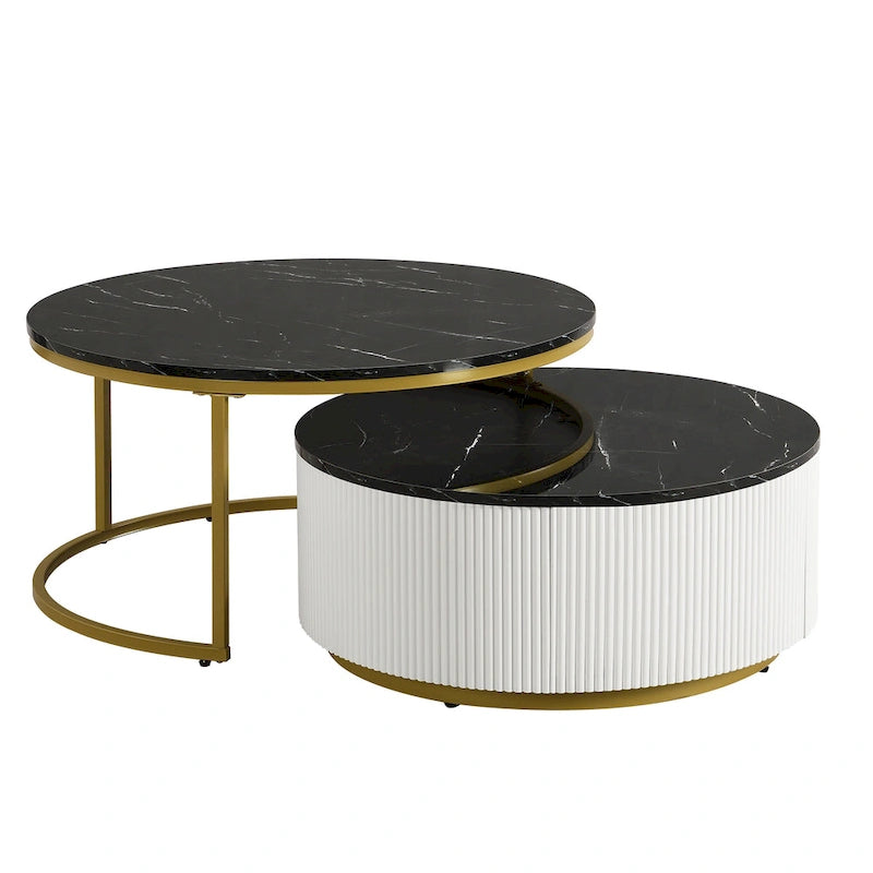 Modern Round Nesting Coffee Table with Drawer and Gold Base