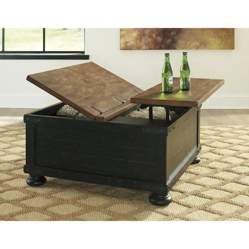 Black and Brown Casual Square Lift Top Cocktail Table - 36 W x 36 D x 18 H Inches