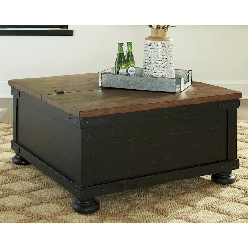 Mesa de apoio quadrada para cocktails, preta e castanha, com tampo elevável - 36 W x 36 D x 18 H polegadas