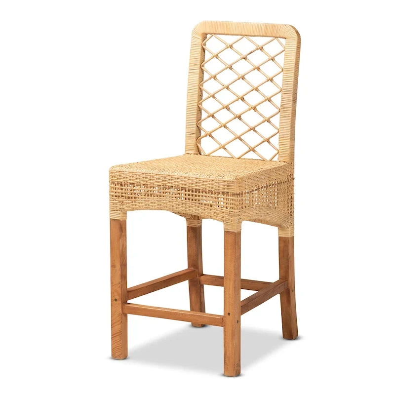 Modern Bohemian Natural Brown Rattan and Wood Counter Stool