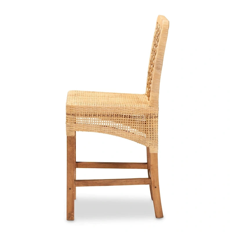 Modern Bohemian Natural Brown Rattan and Wood Counter Stool