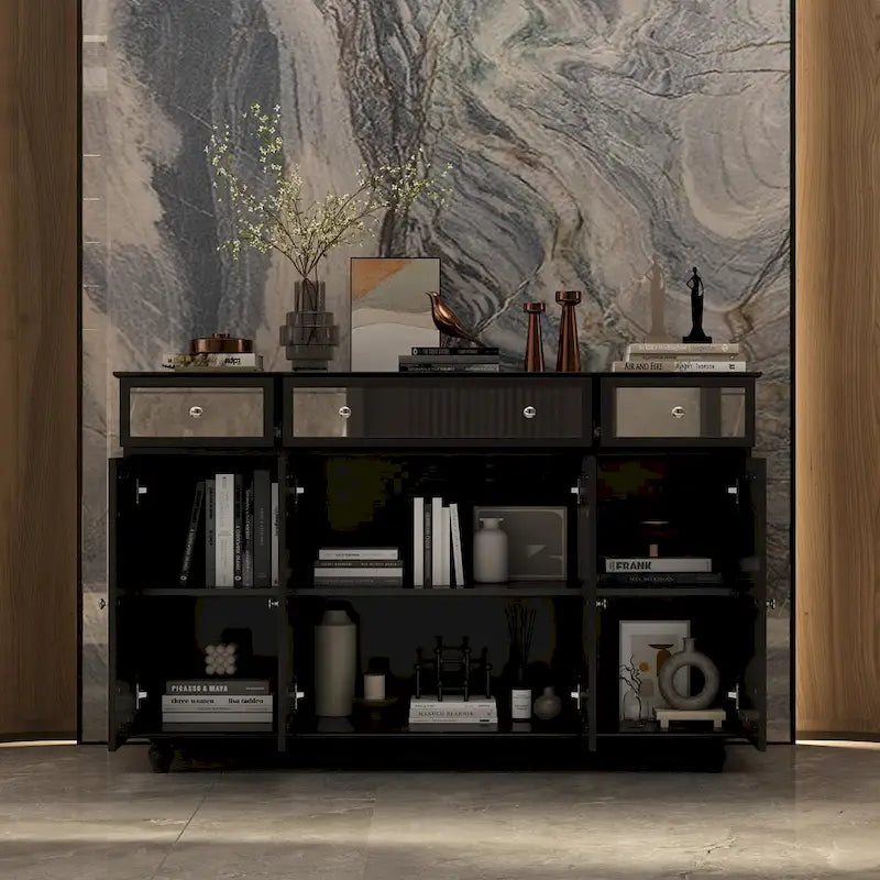 Mirrored Credenza Cabinet with Drawers and Doors
