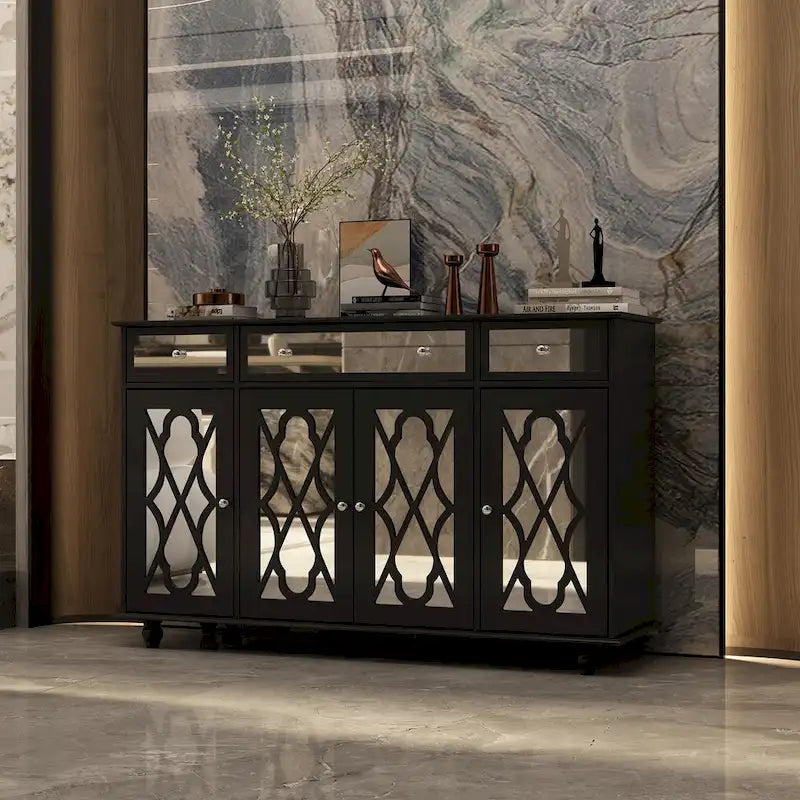 Mirrored Credenza Cabinet with Drawers and Doors
