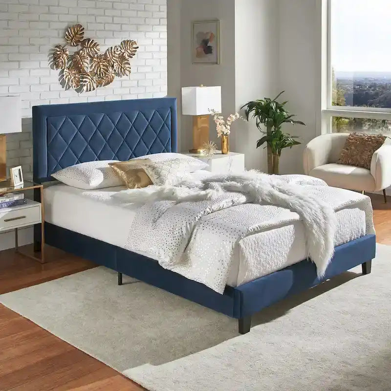 Velvet Fabric Platform Bed, Modern Style