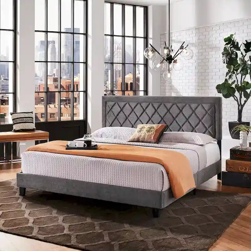 Velvet Fabric Platform Bed, Modern Style
