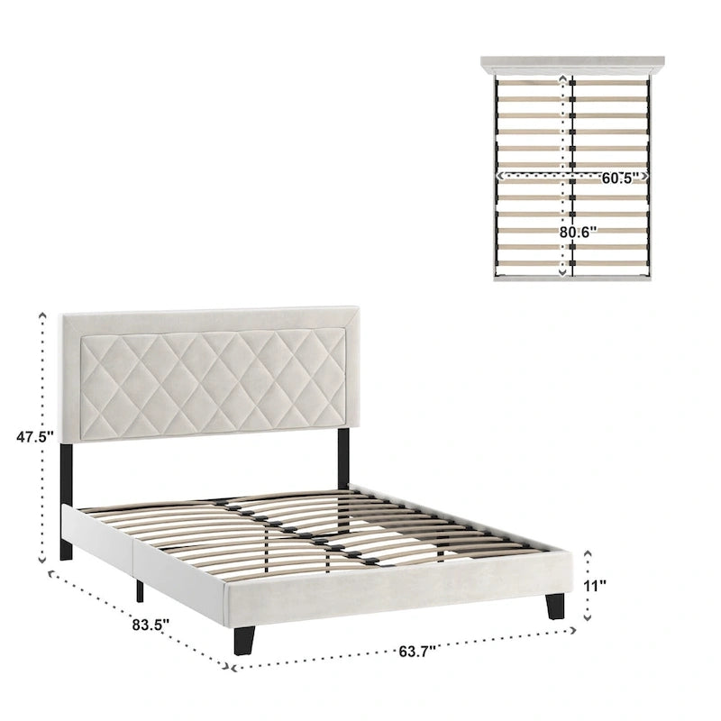 Velvet Fabric Platform Bed, Modern Style