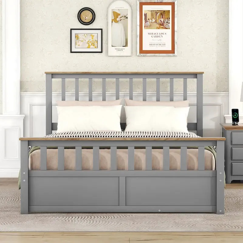 Queen Size Wood Platform Bed with Two Drawers and Wooden Slat Support, Gray/Natural