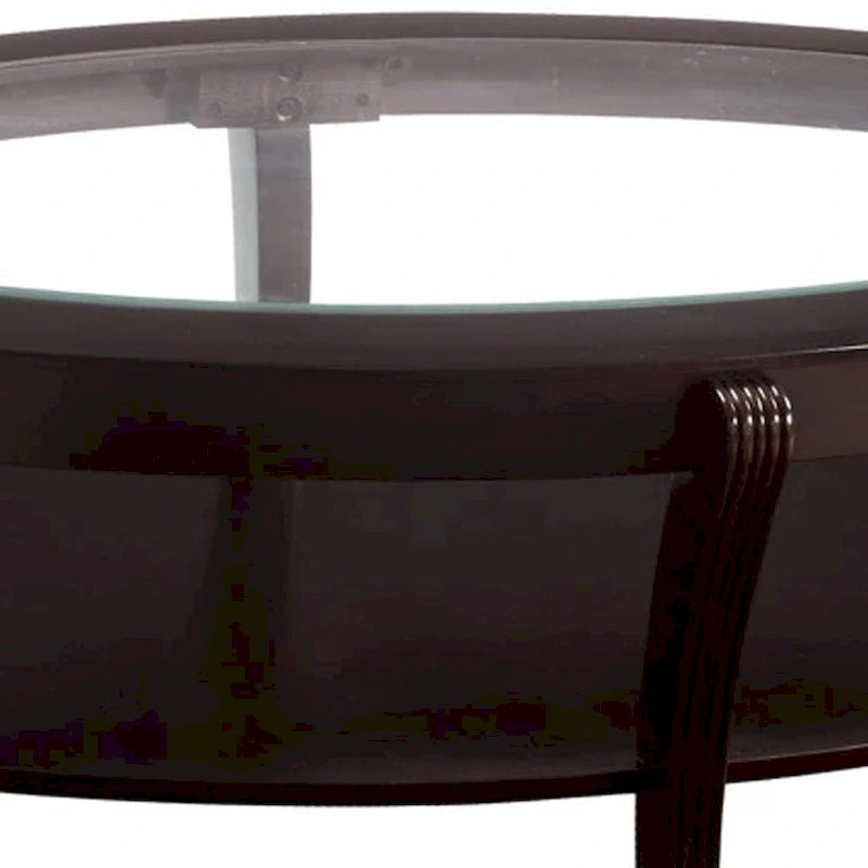 Table basse ovale en bois avec insert en verre et étagère ouverte, marron espresso