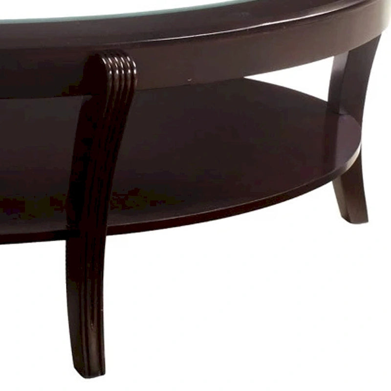 Table basse ovale en bois avec insert en verre et étagère ouverte, marron espresso
