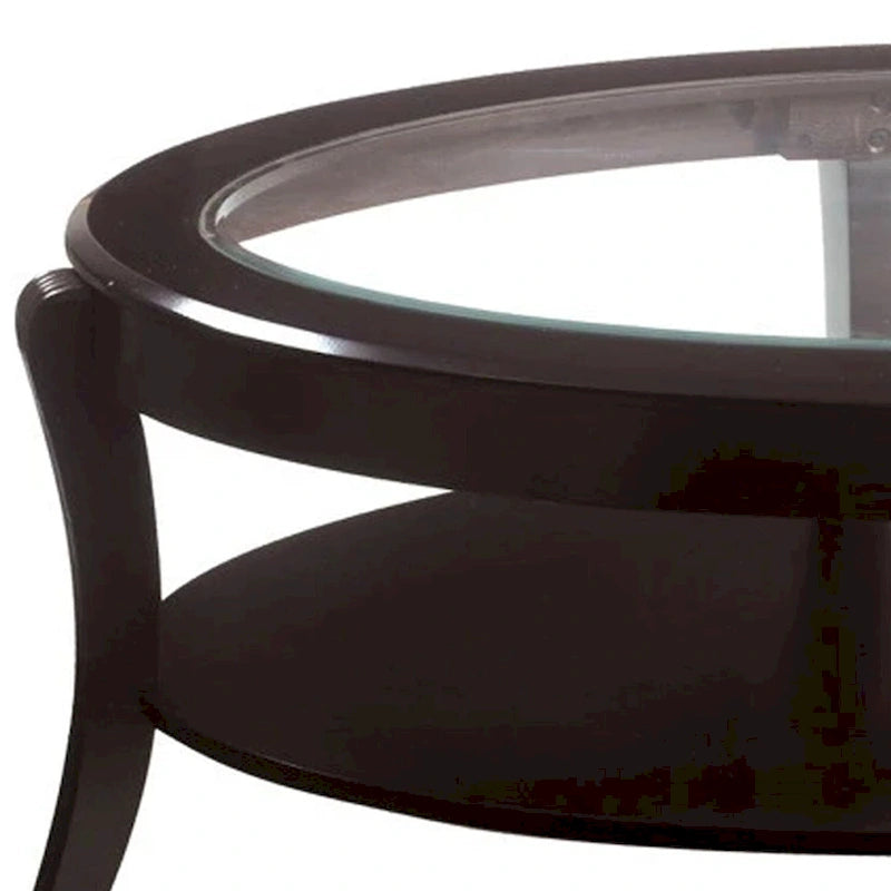 Oval Wooden Cocktail Table with Glass Insert and Open Shelf, Espresso Brown