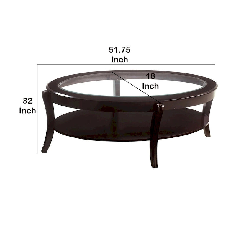 Table basse ovale en bois avec insert en verre et étagère ouverte, marron espresso