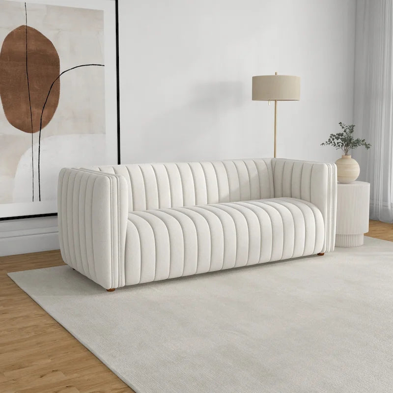 Modernes Bouclé-Sofa im Mid-Century-Stil mit fest gepolsterter Rückenlehne in Creme
