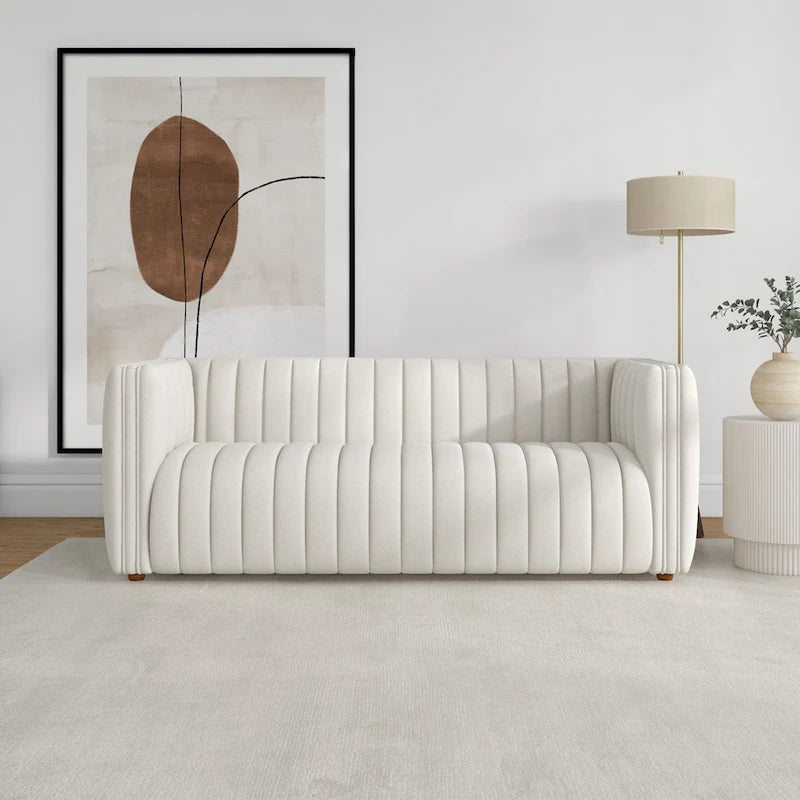 Modernes Bouclé-Sofa im Mid-Century-Stil mit fest gepolsterter Rückenlehne in Creme