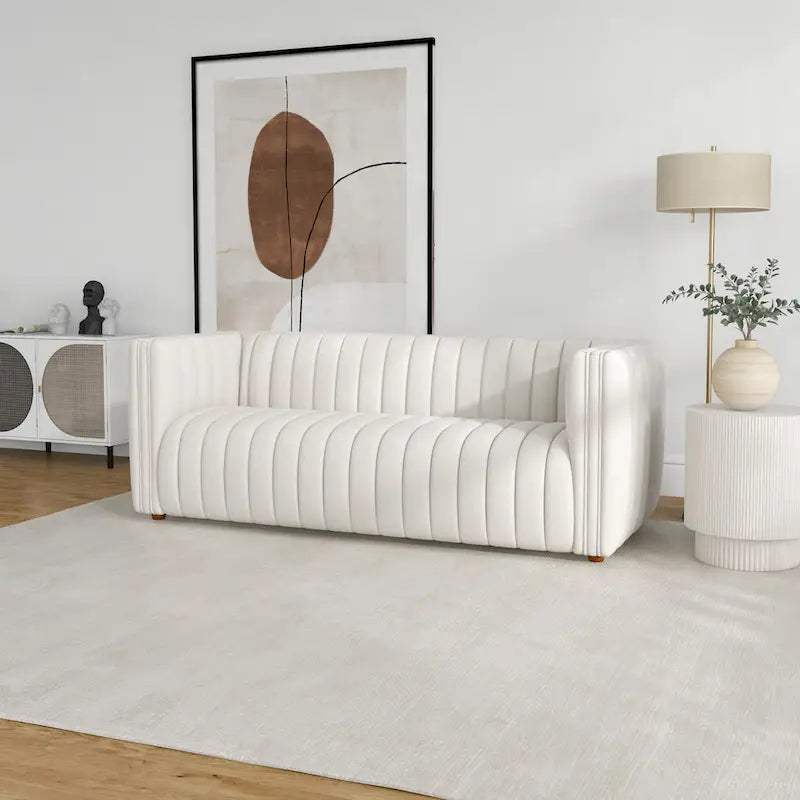 Modernes Bouclé-Sofa im Mid-Century-Stil mit fest gepolsterter Rückenlehne in Creme