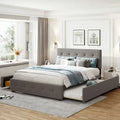 Upholstered Platform Bed with 2 Drawers and 1 Twin XL Trundle, Linen Fabric, Queen Size