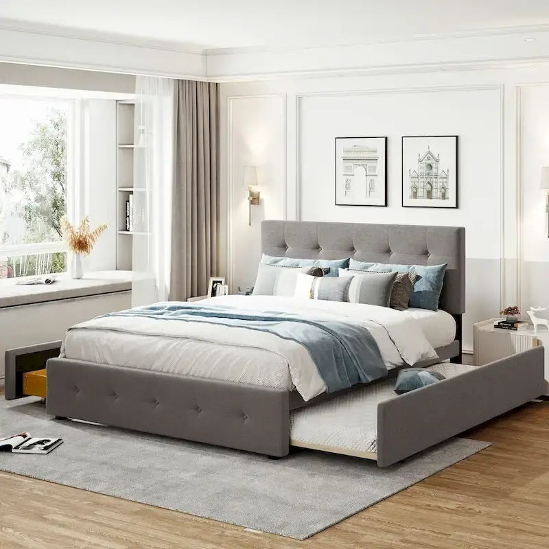 Upholstered Platform Bed with 2 Drawers and 1 Twin XL Trundle, Linen Fabric, Queen Size
