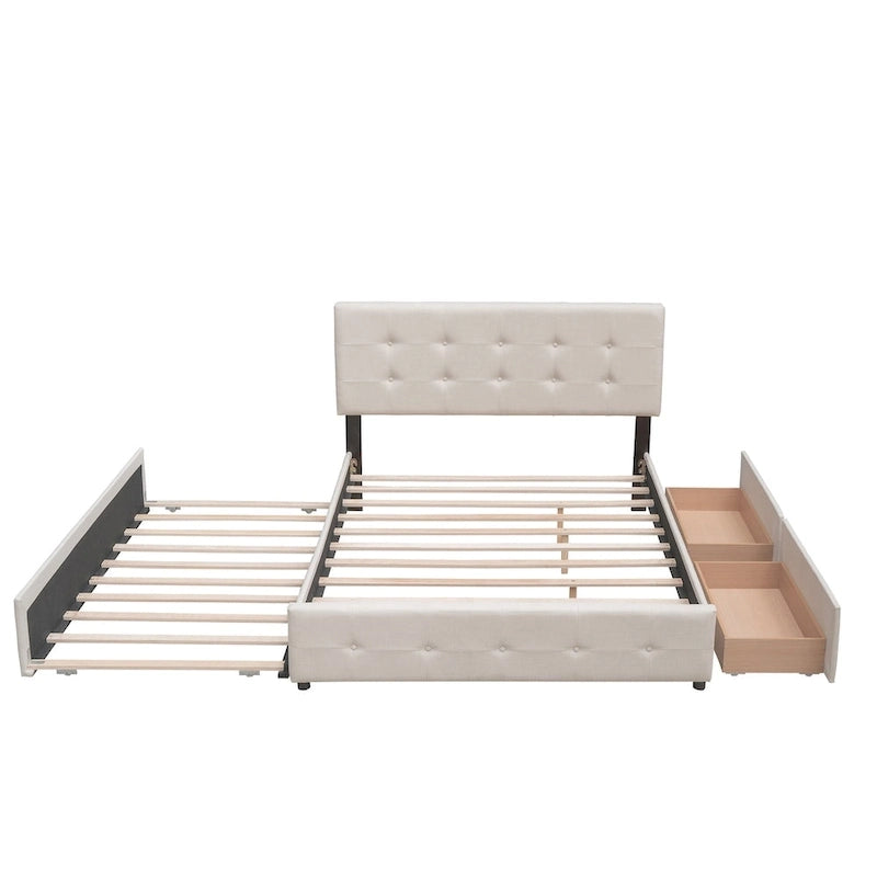 Upholstered Platform Bed with 2 Drawers and 1 Twin XL Trundle, Linen Fabric, Queen Size