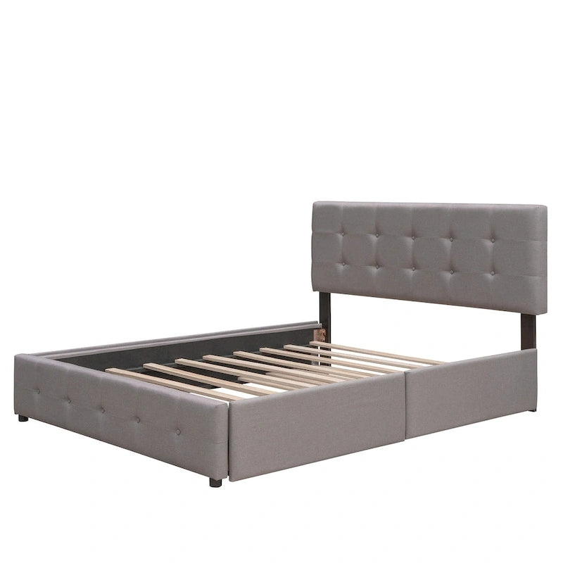Upholstered Platform Bed with 2 Drawers and 1 Twin XL Trundle, Linen Fabric, Queen Size