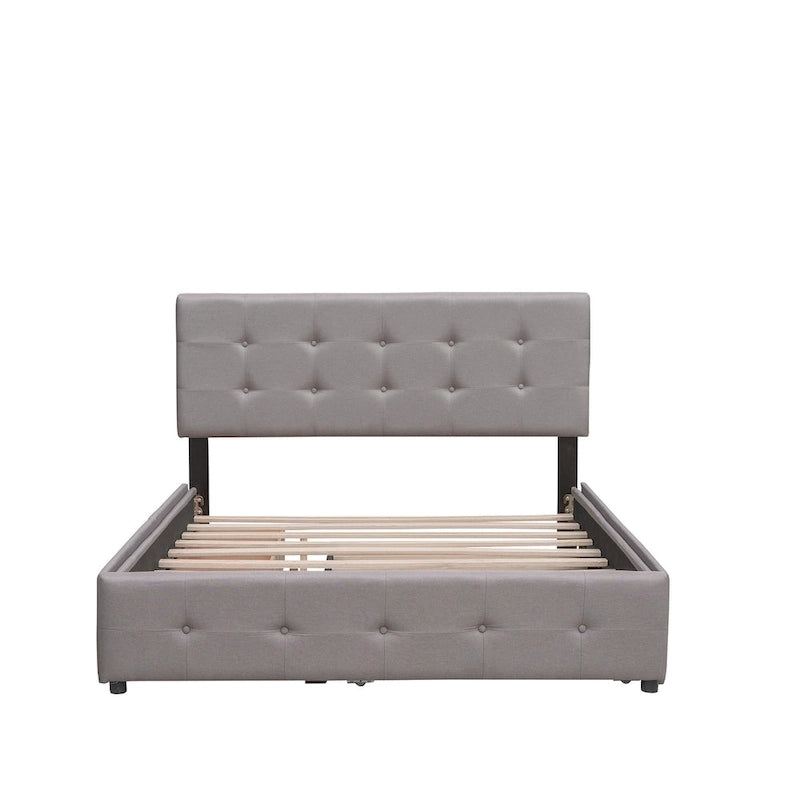 Upholstered Platform Bed with 2 Drawers and 1 Twin XL Trundle, Linen Fabric, Queen Size