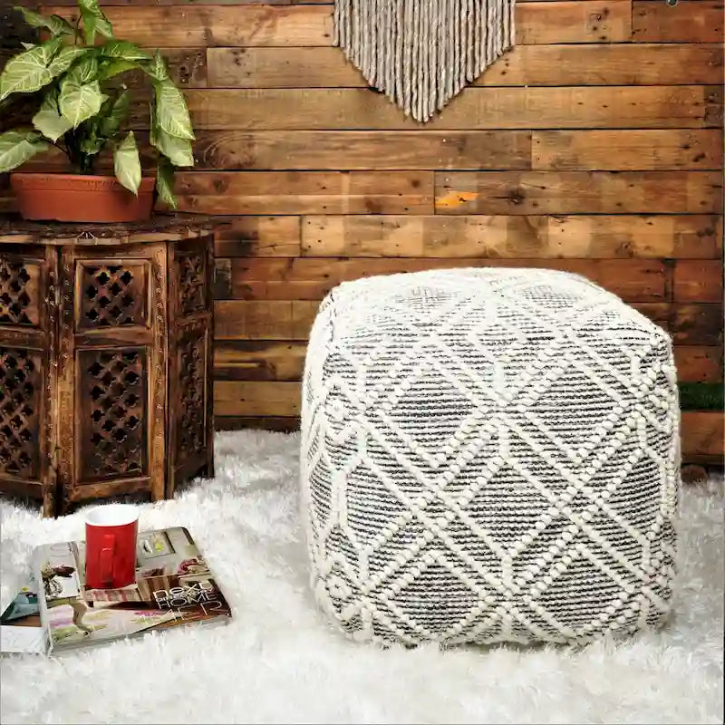 Handgefertigter Woll- und Baumwoll-Pouf-Fußhocker (16 x 16 x 16 Zoll)