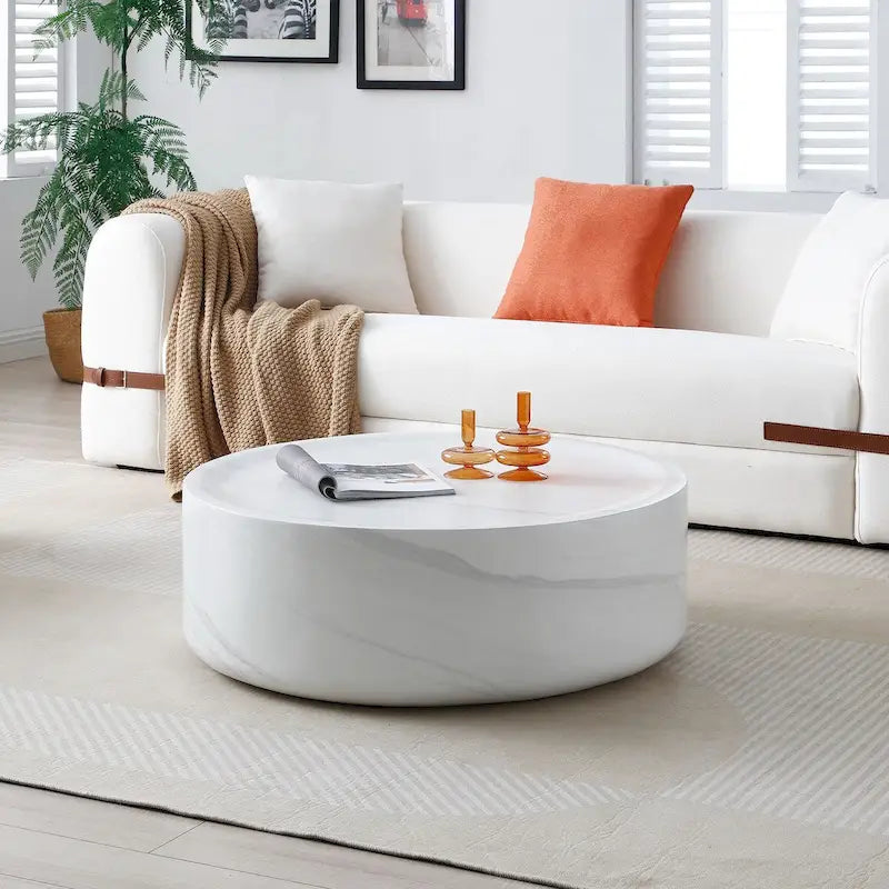 31.49 Inch Round Faux Marble Pattern Coffee Table, No Assembly Required