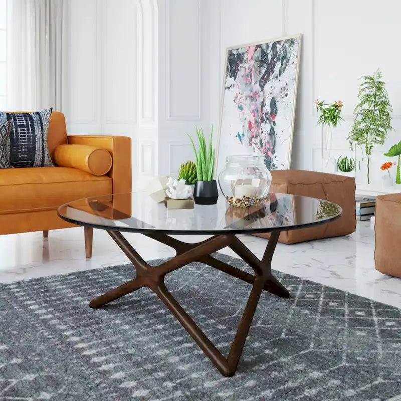 Couchtisch aus massivem Eschenholz mit Tischplatte aus gehärtetem Glas und Kreuzfuß