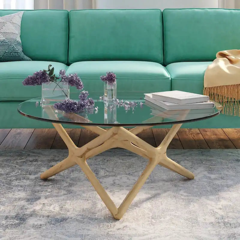 Couchtisch aus massivem Eschenholz mit Tischplatte aus gehärtetem Glas und Kreuzfuß