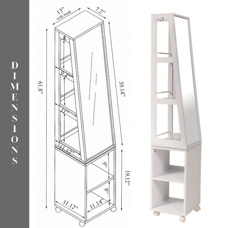 Bílá otočná zrcadlová skříňka na pojízdné základně - 13 L x 11.75 W x 61.5 H palců