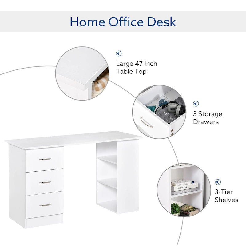 Writing Table Workstation with 3 Drawers and Storage Shelf